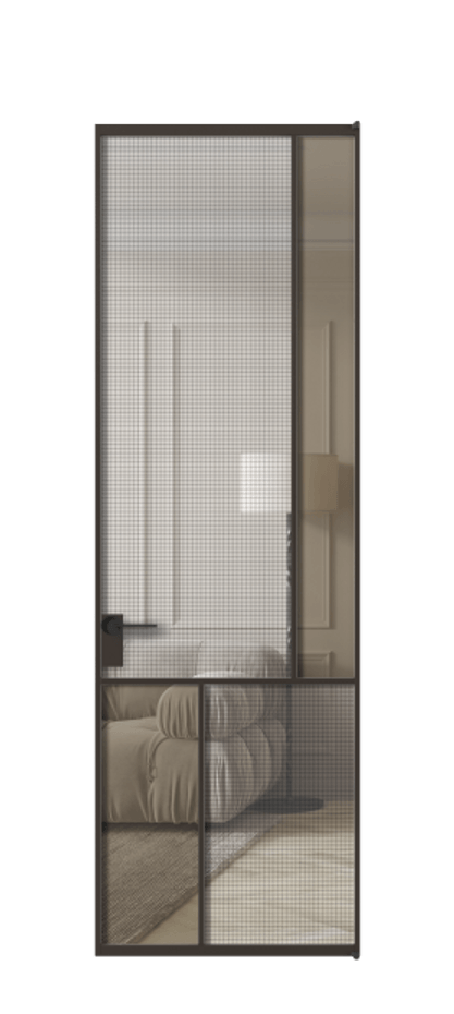 Межкомнатная дверь Mosaic АЛПЛ041.21 Алюминий антрацит Декоративное стекло с сеткой "Mesh silver", триплекс, 6 мм + Прозрачное бронзовое стекло, триплекс Цена 1036400 ₸ | Volhovec