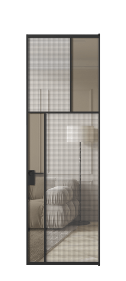 Межкомнатная дверь Mosaic АЛПЛ041.22 Алюминий Черный Декоративное стекло с сеткой "Mesh silver", триплекс, 6 мм + Прозрачное бронзовое стекло, триплекс Цена 1036280 ₸ | Volhovec