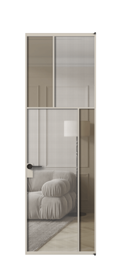 Межкомнатная дверь Mosaic АЛПЛ041.23 Алюминий светло-бежевый Декоративное стекло с сеткой "Mesh silver", триплекс, 6 мм + Прозрачное бронзовое стекло, триплекс Цена 1036400 ₸ | Volhovec
