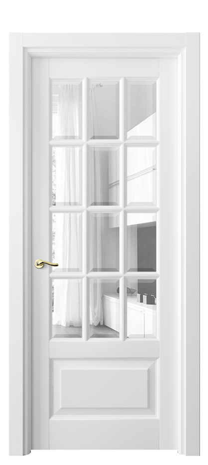 Межкомнатная дверь Лигнум 0728 Матовый белоснежный Прозрачное стекло с фацетом Цена 909460 ₸ | Volhovec
