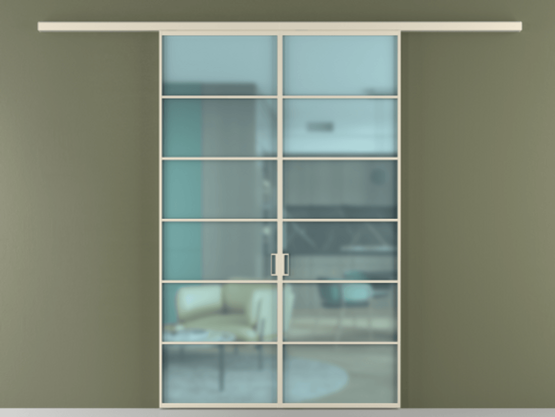 Перегородка Formato вдоль стены 2 створки АЛПР 040.04 Алюминий бежево-серый Сатинированное голубое стекло, триплекс Цена 1566054 ₸ | Volhovec