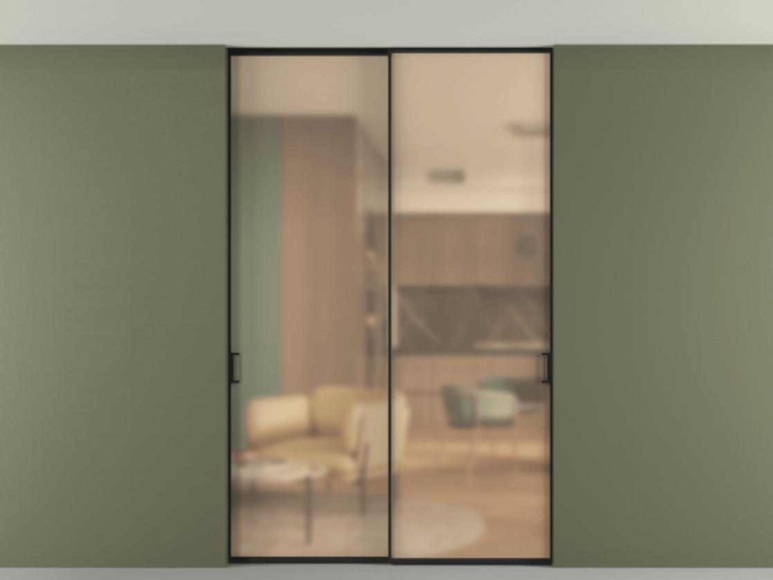 Перегородка Formato внутри проёма скрытое крепление в потолок 2 створки АЛПР 040.01 Алюминий Черный Сатинированное оранжевое стекло, триплекс Цена 1766734 ₸ | Volhovec