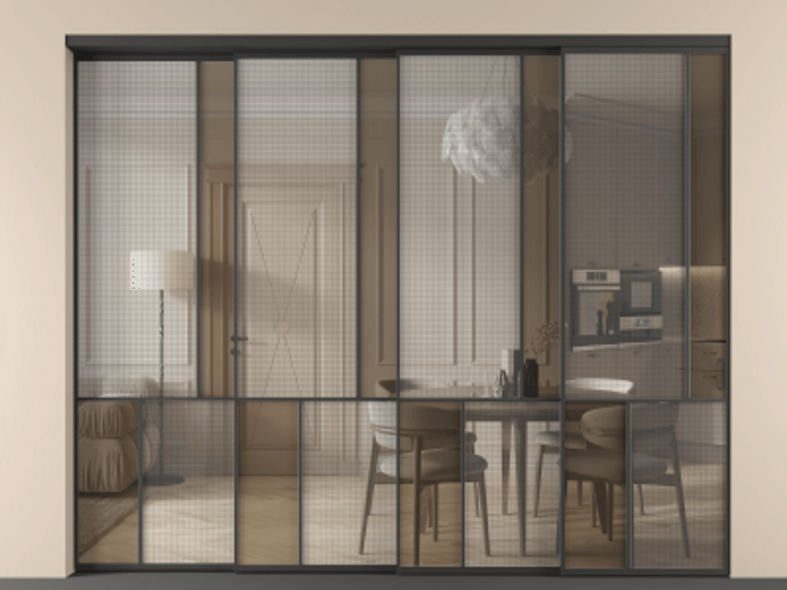 Перегородка Mosaic внутри проёма телескопик синхро-4 АЛПР 041.21 Алюминий Черный Mesh silver + Бронза прозрачное триплекс Цена 3385320 ₸ | Volhovec