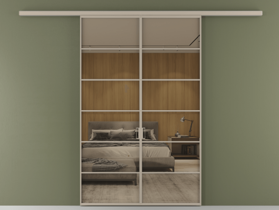 Перегородка Formato вдоль стены 2 створки АЛПР 040.04 Алюминий бисквитный Рефлективное бронзовое стекло "Stopsol", калёное Цена 1651100 ₸ | Volhovec