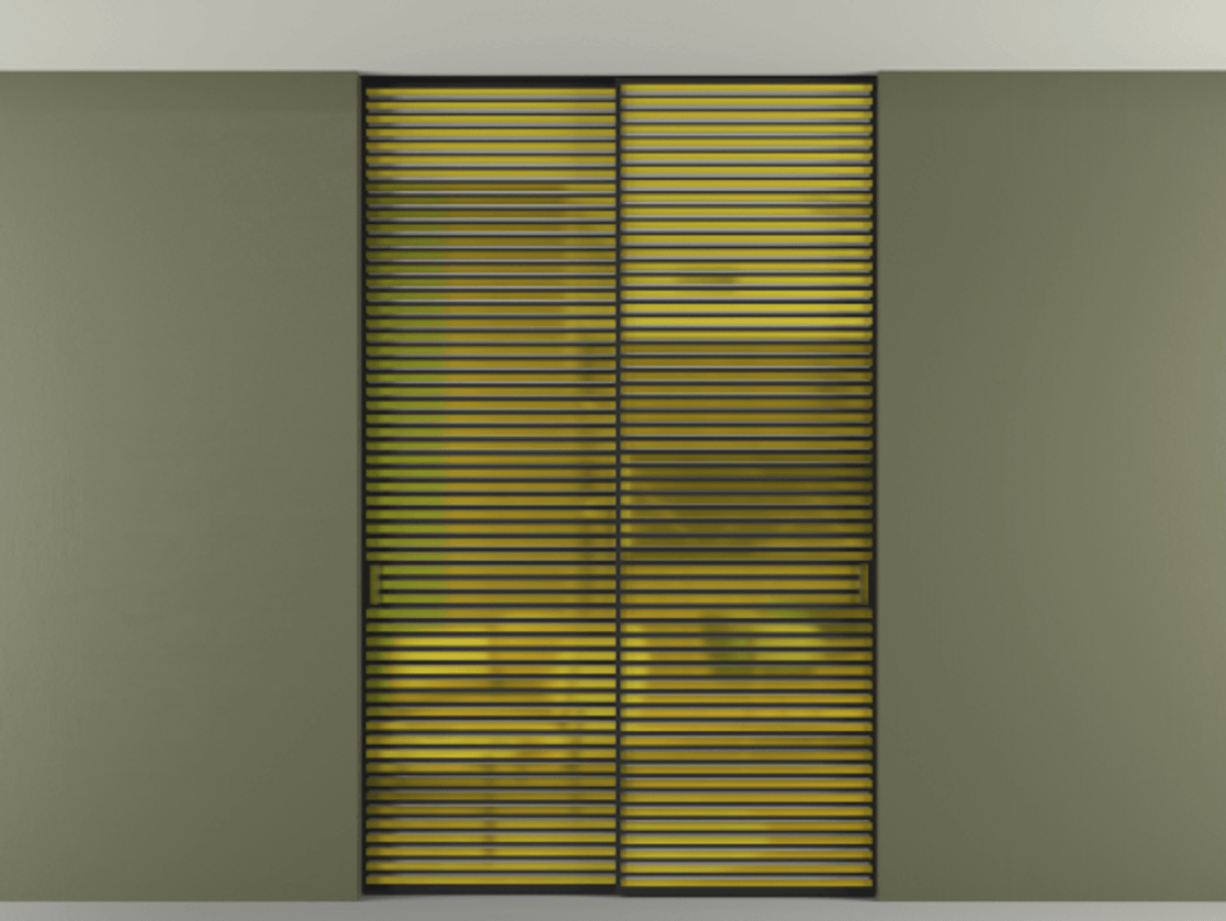 Перегородка Formato внутри проёма скрытое крепление в потолок 2 створки АЛПР 040.07 Алюминий Черный Сатинированное жёлтое стекло, триплекс Цена 2585500 ₸ | Volhovec