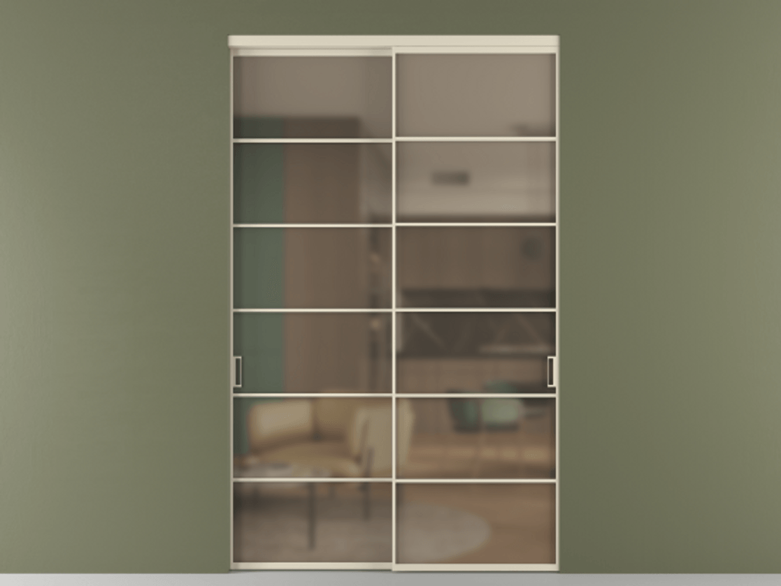 Перегородка Formato внутри проёма 2 створки АЛПР 040.04 Алюминий бежево-серый Сатинированное бронзовое стекло, триплекс Цена 2775180 ₸  | Volhovec