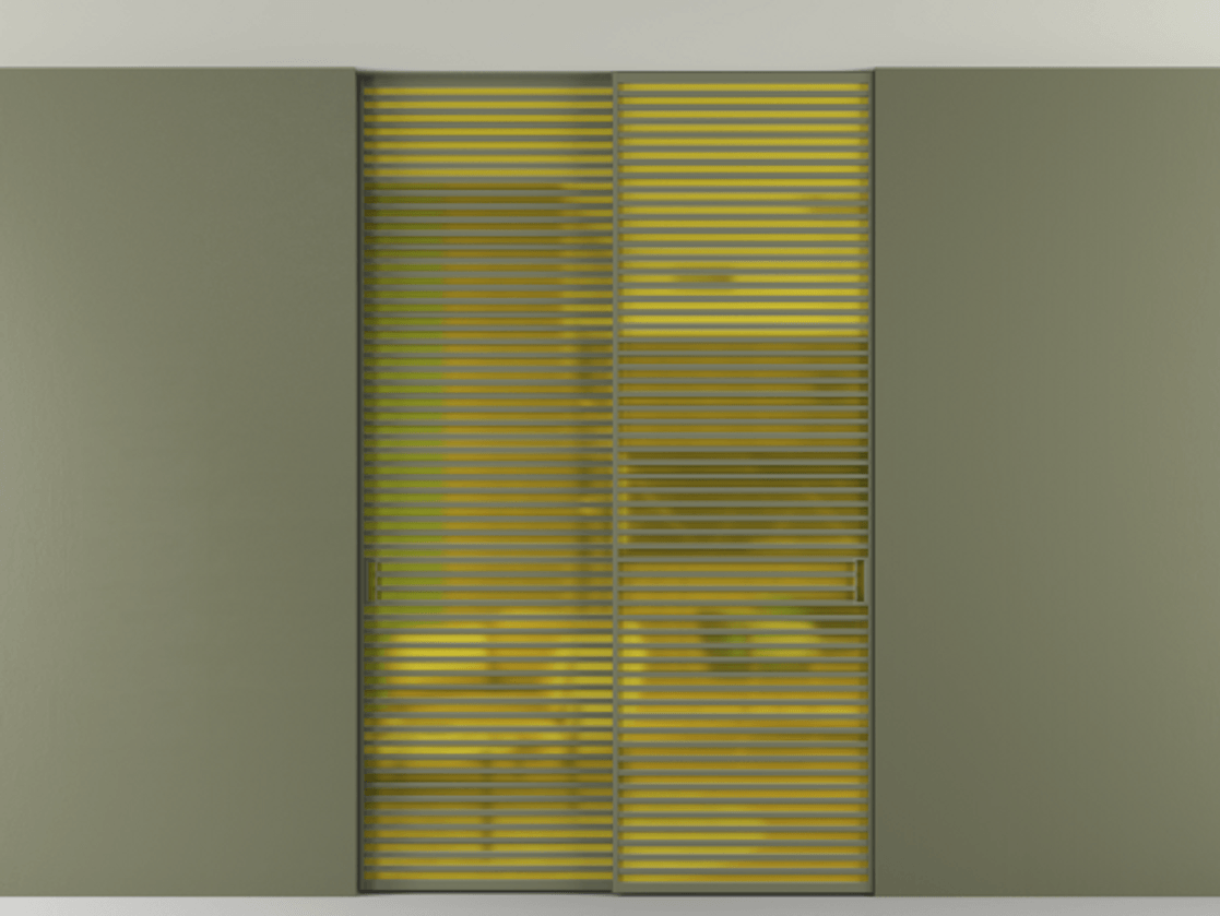 Перегородка Formato внутри проёма скрытое крепление в потолок 2 створки АЛПР 040.07 Алюминий оливковый тёмный Сатинированное жёлтое стекло, триплекс Цена 3152000 ₸ | Volhovec