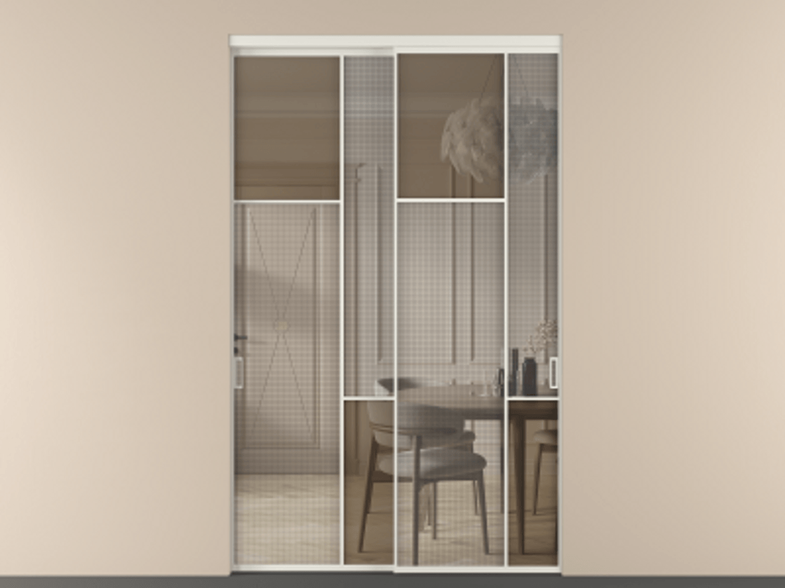 Перегородка Mosaic внутри проема двустворчатая АЛПР 041.10 Алюминий Белый Mesh silver + Бронза прозрачное триплекс Цена 1418730 ₸ | Volhovec