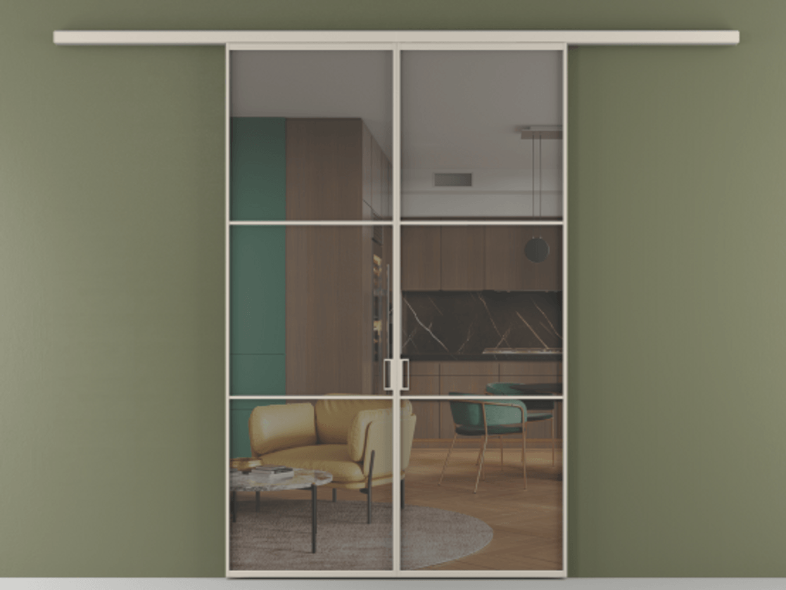 Перегородка Formato вдоль стены 2 створки АЛПР 040.03 Алюминий светло-бежевый Прозрачное серое стекло, триплекс Цена 1266470 ₸ | Volhovec