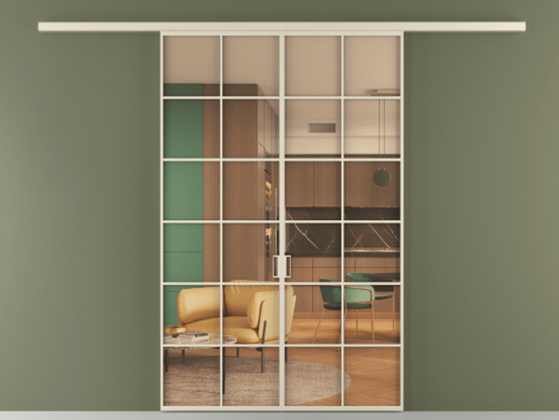 Перегородка Formato вдоль стены 2 створки АЛПР 040.05 Алюминий бежево-серый Прозрачное оранжевое стекло, триплекс Цена 1344300 ₸ | Volhovec