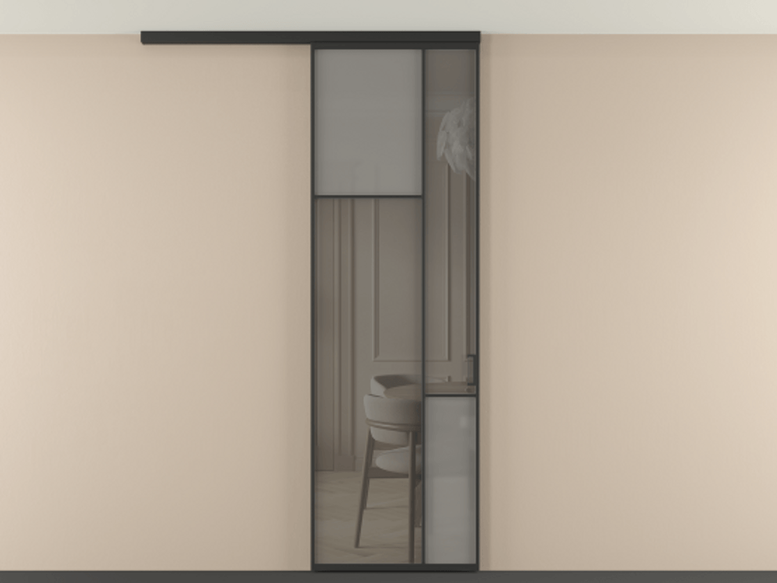 Перегородка Мозаик вдоль стены на потолок 1 створка АЛПР 041.10 Алюминий Черный Сатинированное серое стекло, триплекс, 6 мм + Прозрачное серое стекло, триплекс Цена 979474 ₸ | Volhovec