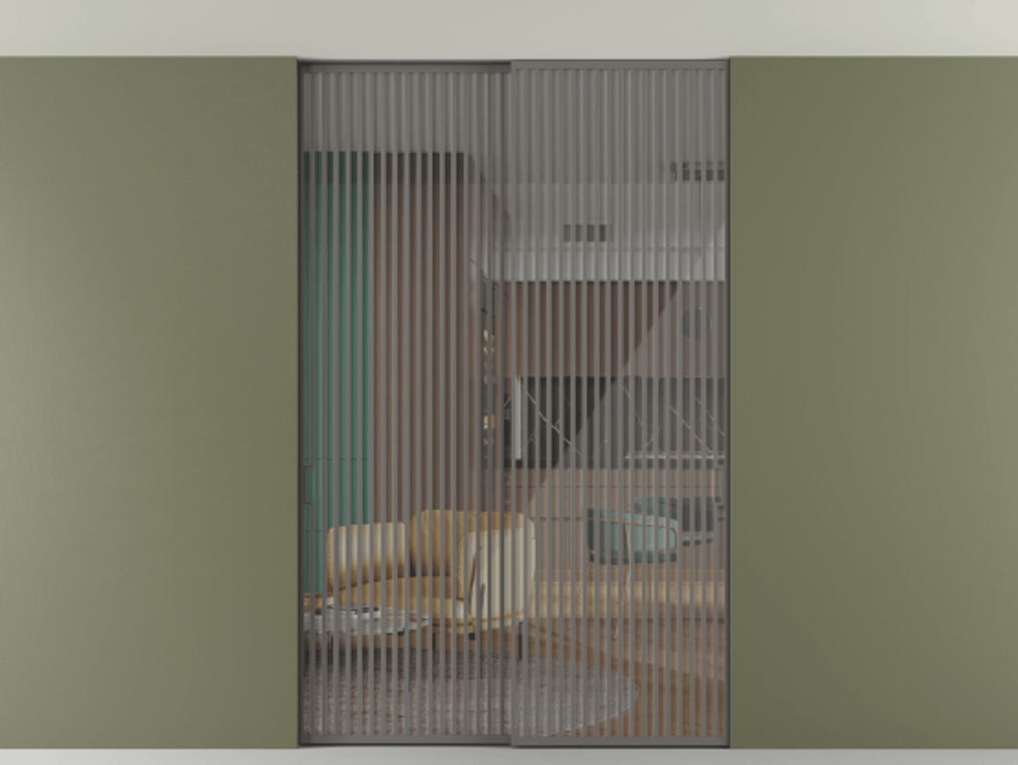 Перегородка Formato внутри проёма скрытое крепление в потолок 2 створки АЛПР 040.06 Алюминий классический серый Рефлективное прозрачное стекло "Stopsol", калёное Цена 3251790 ₸ | Volhovec