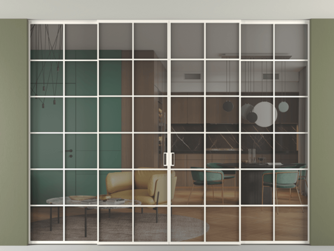 Перегородка Формато внутри проёма скрытое крепление в потолок 4 створки АЛПР 040.05 Алюминий пудровый белый Прозрачное серое стекло, триплекс Цена 3525001 ₸ | Volhovec