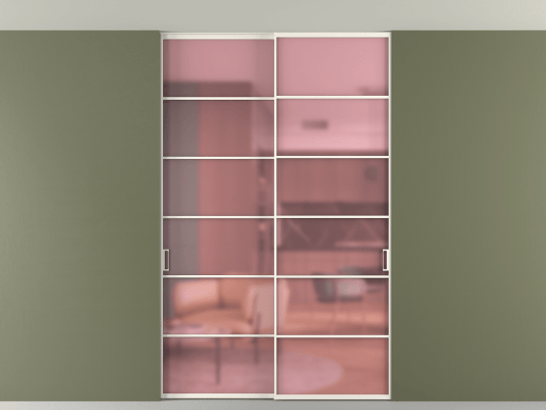 Перегородка Formato внутри проёма скрытое крепление в потолок 2 створки АЛПР 040.04 Алюминий пудровый белый Сатинированное розовое стекло, триплекс Цена 1686100 ₸ | Volhovec