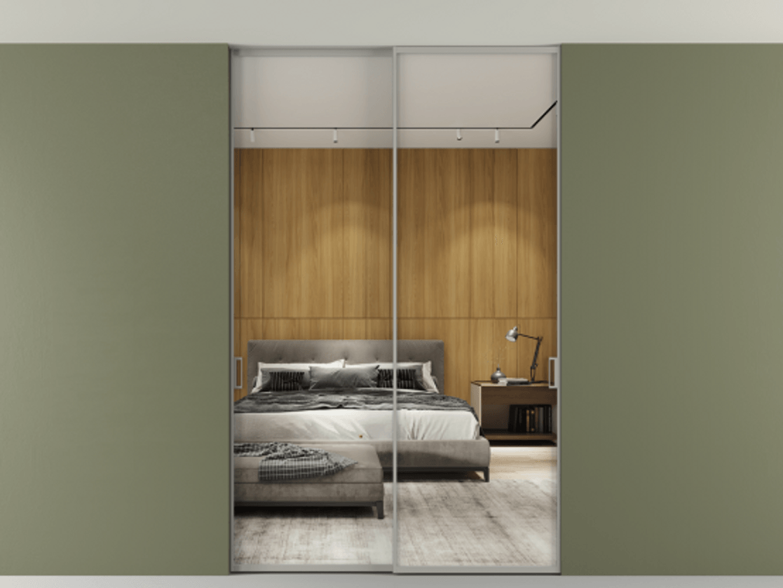 Перегородка Formato внутри проёма двустворчатая со скрытым креплением в потолок АЛПР 040.01 Алюминий нейтральный серый Двустороннее зеркало, триплекс 6 мм, триплекс 6 мм Цена 1632630 ₸ | Volhovec