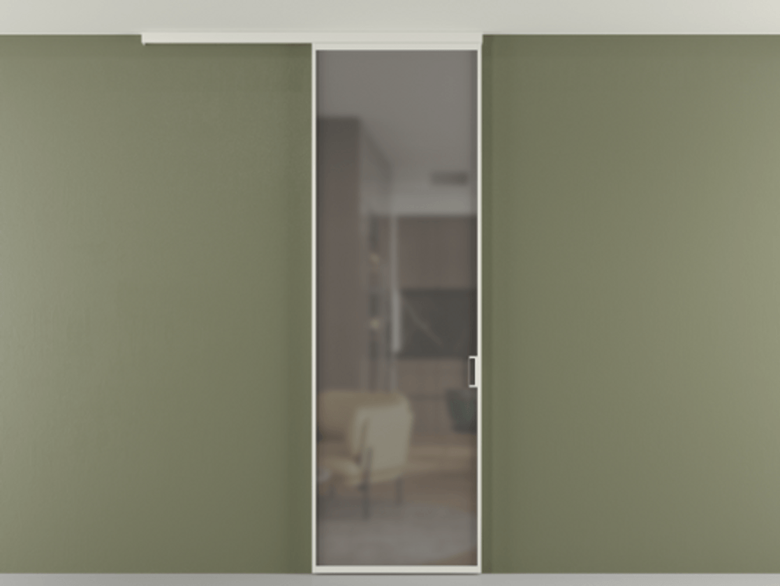 Перегородка Formato вдоль стены на потолок одностворчатая АЛПР 040.01 Алюминий Белый Сатинированное серое стекло, триплекс Цена 668490 ₸ | Volhovec