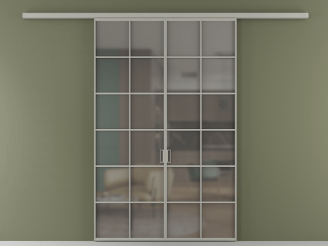 Перегородка Formato вдоль стены двустворчатая АЛПР 040.05 Алюминий нейтральный серый Сатинированное серое стекло, триплекс Цена 1344350 ₸ | Volhovec