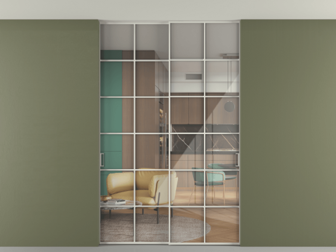 Перегородка Formato внутри проёма скрытое крепление в потолок 2 створки АЛПР 040.05 Алюминий Белый Рефлективное прозрачное стекло "Stopsol", калёное Цена 1958610 ₸ | Volhovec