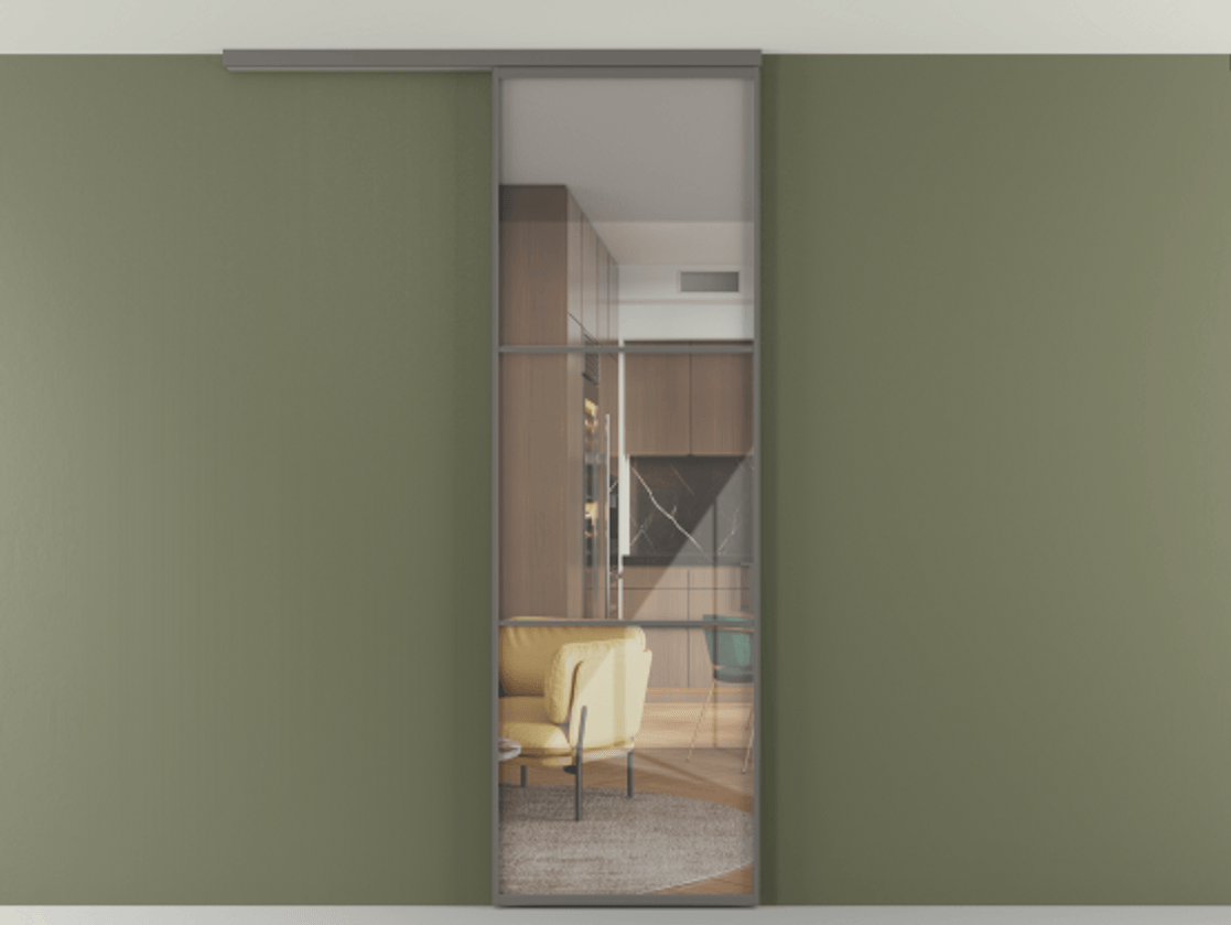 Перегородка Формато вдоль стены на потолок 1 створка АЛПР 040.03 Алюминий классический серый Рефлективное прозрачное стекло "Стопсол", калёное Цена 948856 ₸ | Volhovec