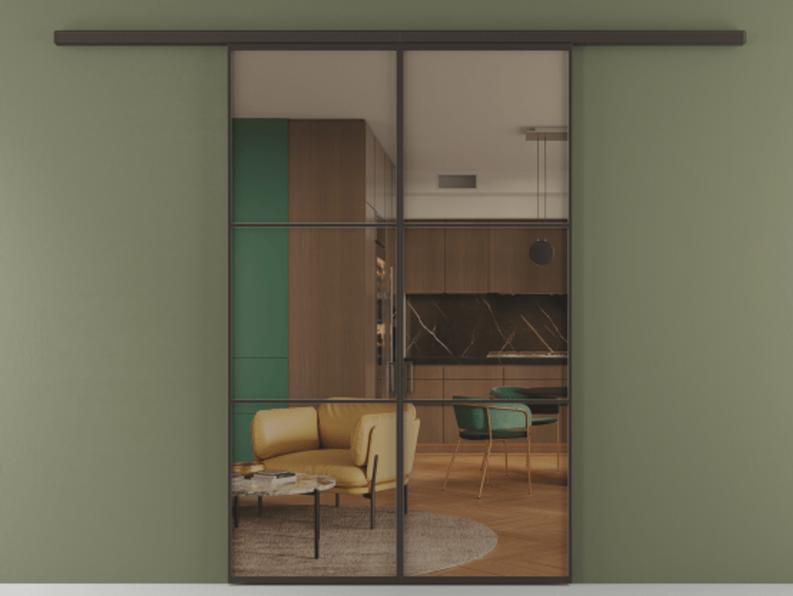 Перегородка Formato вдоль стены 2 створки АЛПР 040.03 Алюминий антрацит Прозрачное бронзовое стекло, триплекс Цена 1266470 ₸ | Volhovec