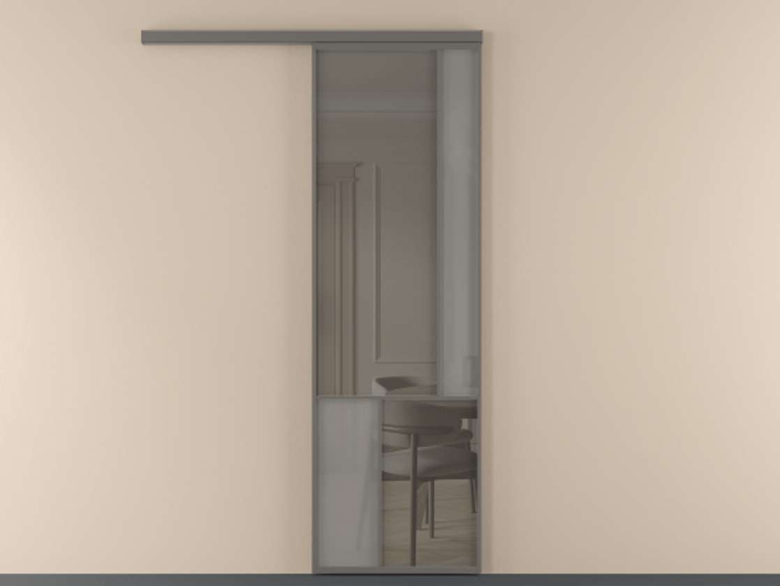 Перегородка Mosaic вдоль стены одностворчатая АЛПР 041.21 Алюминий классический серый Сатинированное серое стекло, триплекс, 6 мм + Прозрачное серое стекло, триплекс, 6 мм Цена 806021 ₸ | Volhovec