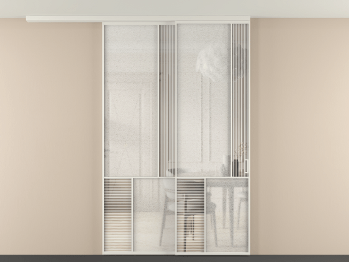 Перегородка Mosaic вдоль стены на потолок 2 створки с синхронным механизмом АЛПР 041.21 Алюминий Белый Рифлёное стекло "Дюна", триплекс, 6 мм + Фактурное стекло "Лёд", триплекс. Скрытый короб БЕЛ Цена 2073120 ₸ . Фабрика дверей Волховец 8 (800) 551 43 19 Перегородка Mosaic вдоль стены на потолок 2 створки с синхронным механизмом АЛПР 041.21 Алюминий Белый Рифлёное стекло "Дюна", триплекс, 6 мм + Фактурное стекло "Лёд", триплекс Цена 2073120 ₸ | Volhovec