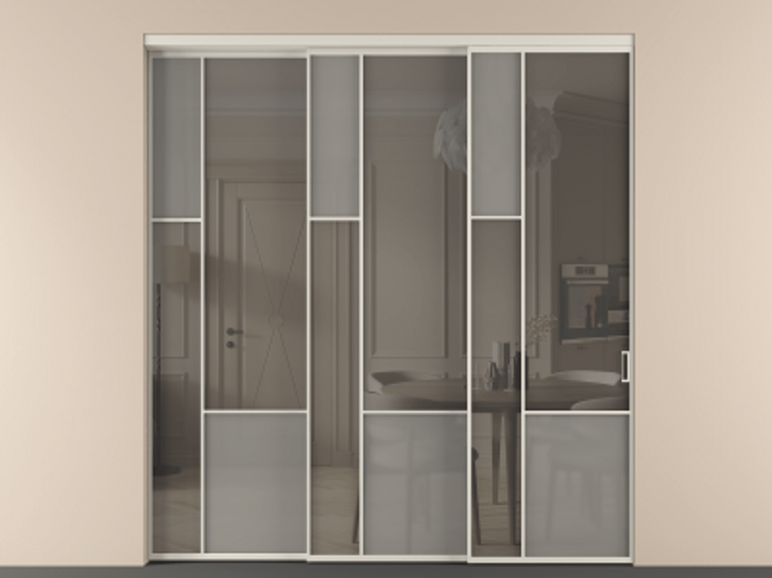 Перегородка Mosaic внутри проёма телескопик синхро 2 АЛПР 041.13 Алюминий облачно-серый Сатинированное серое стекло, триплекс, 6 мм + Прозрачное серое стекло, триплекс Цена 2729310 ₸ | Volhovec