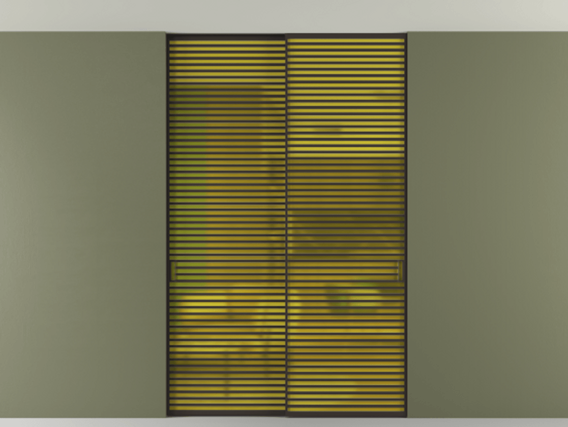 Перегородка Formato внутри проёма скрытое крепление в потолок 2 створки АЛПР 040.07 Алюминий антрацит Сатинированное жёлтое стекло, триплекс Цена 3152000 ₸ | Volhovec