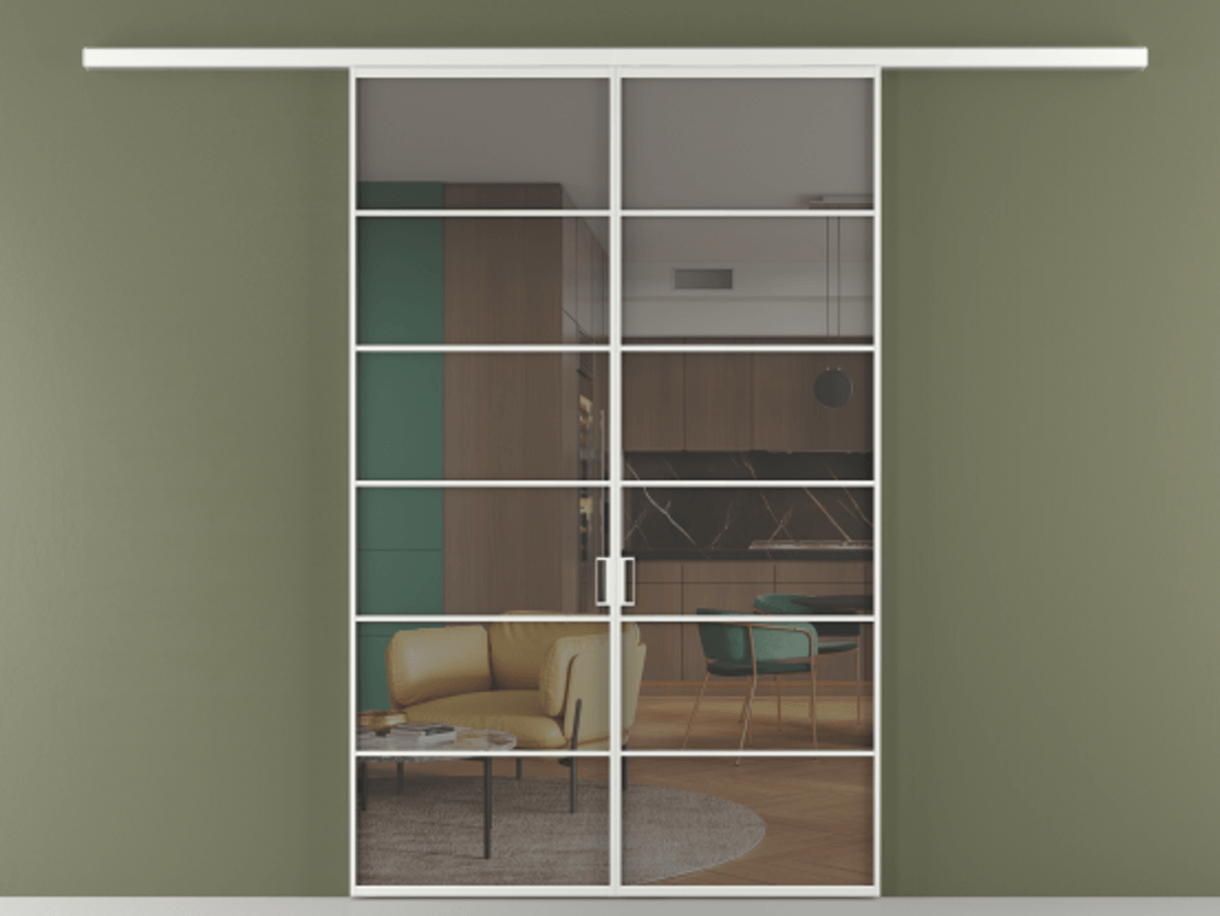 Перегородка Formato вдоль стены 2 створки АЛПР 040.04 Алюминий белоснежный Прозрачное серое стекло, триплекс Цена 1344350 ₸ | Volhovec