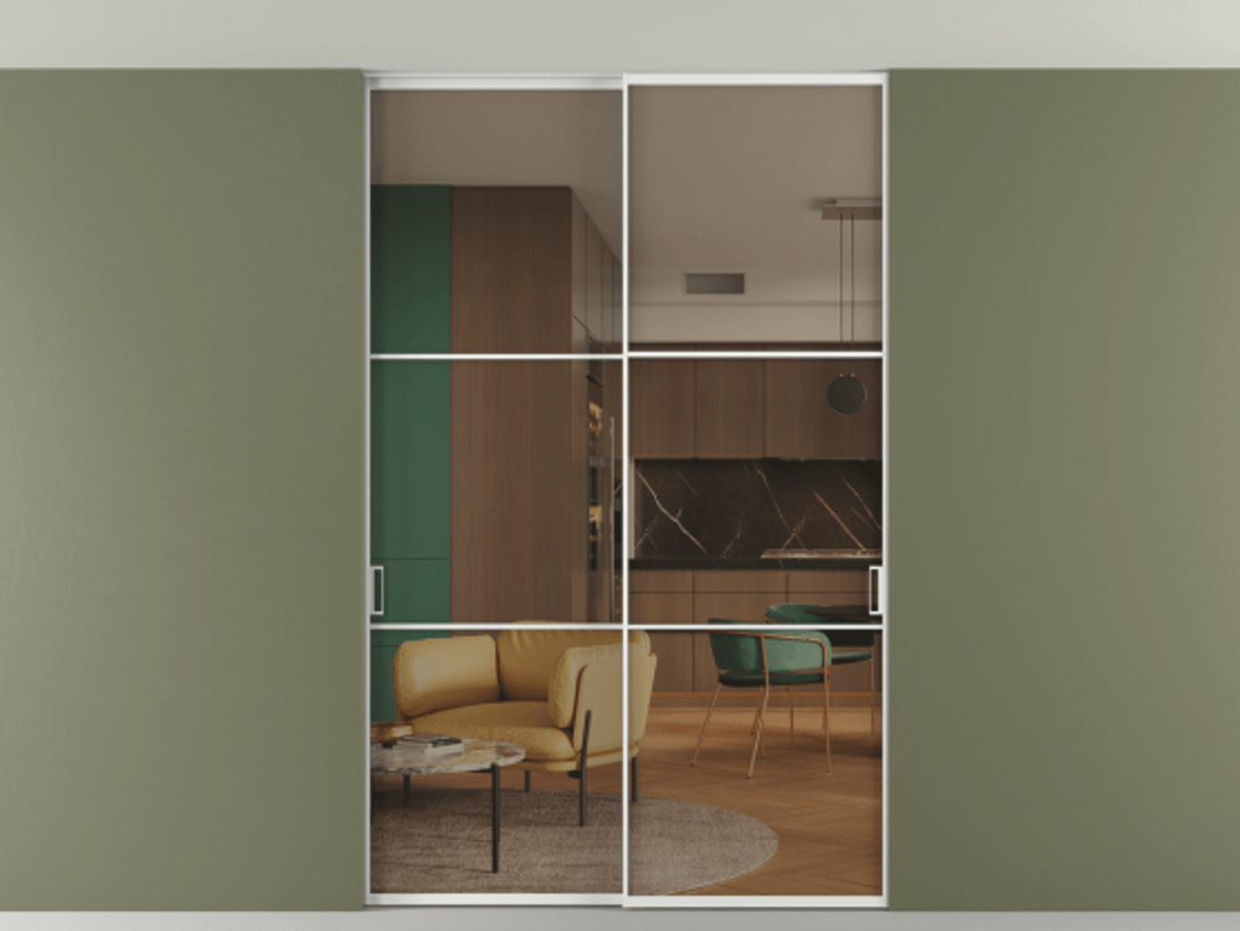 Перегородка Формато внутри проёма скрытое крепление в потолок 2 створки АЛПР 040.03 Алюминий белоснежный Прозрачное бронзовое стекло, триплекс Цена 2188771 ₸ | Volhovec