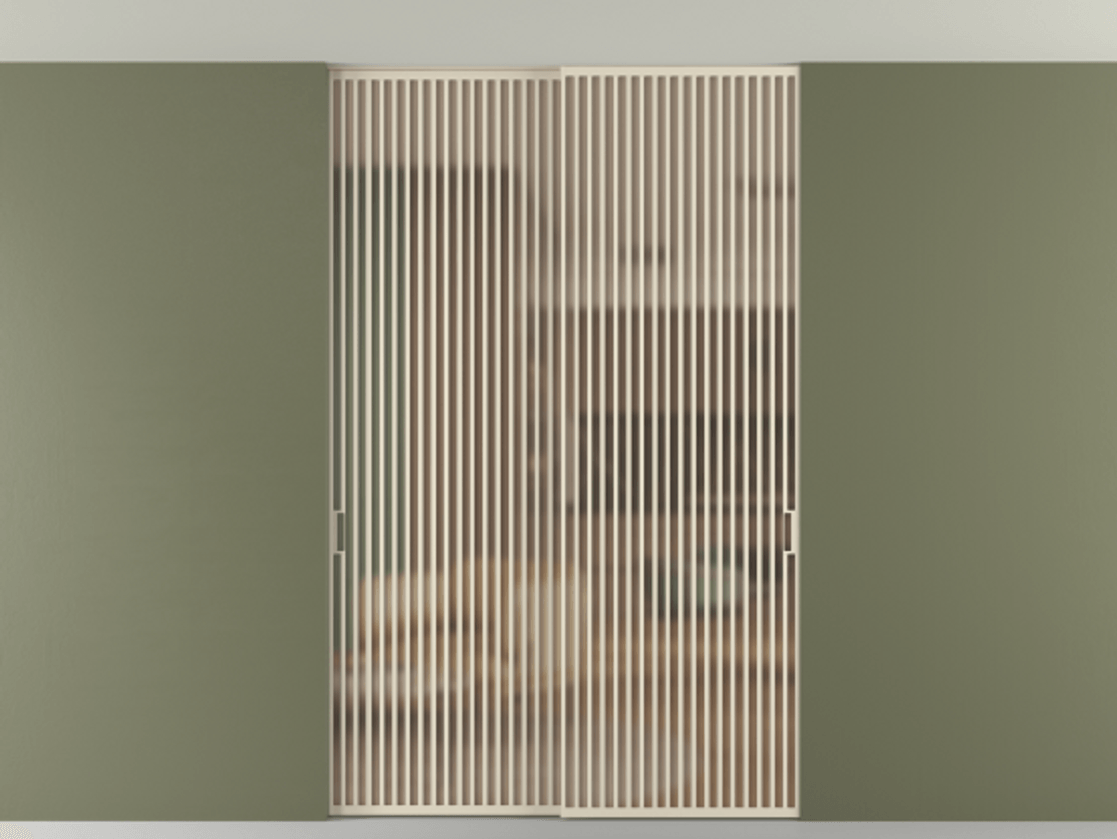 Перегородка Formato внутри проёма скрытое крепление в потолок 2 створки АЛПР 040.06 Алюминий бежево-серый Сатинированное оранжевое стекло, триплекс Цена 2676700 ₸ | Volhovec