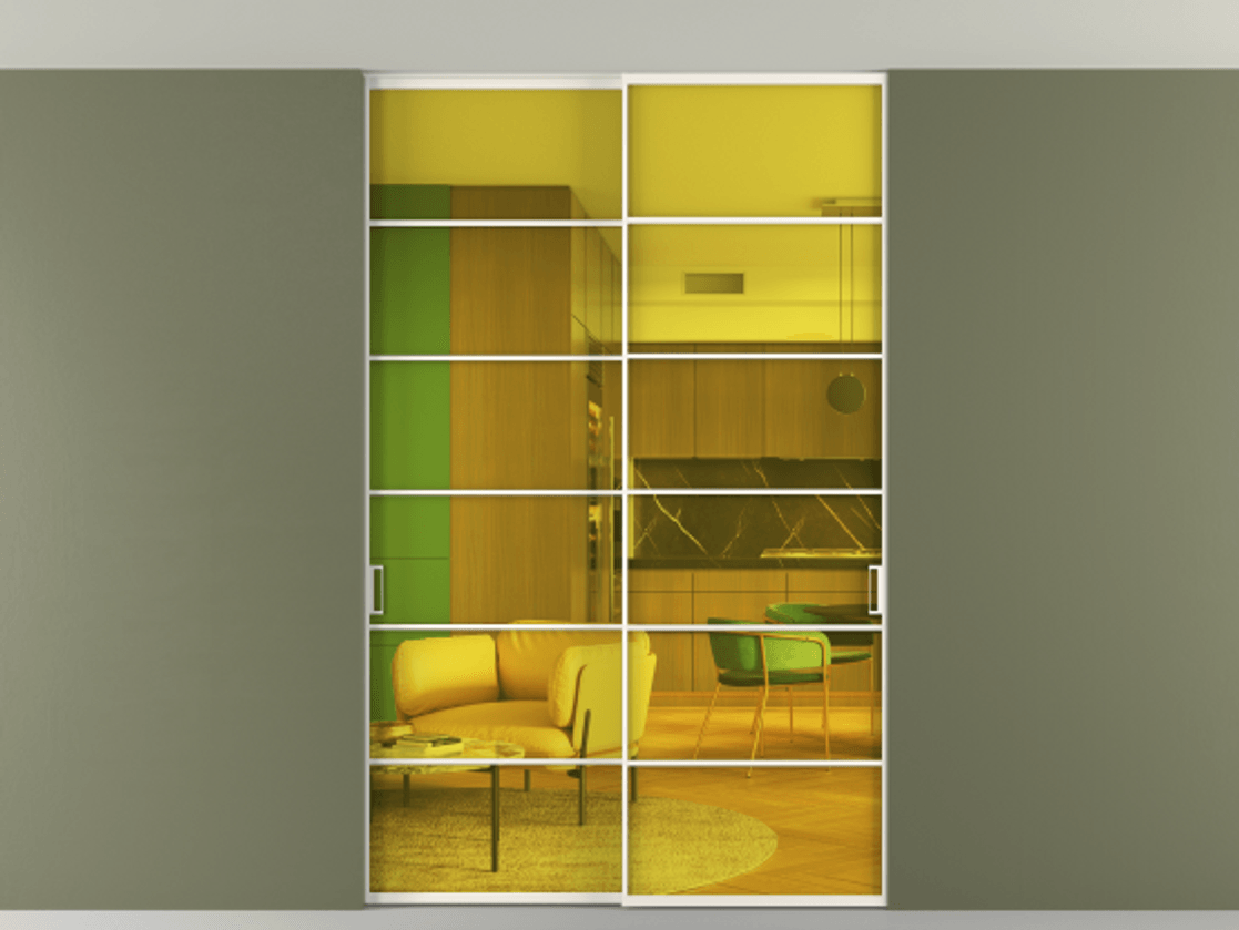 Перегородка Formato внутри проёма скрытое крепление в потолок 2 створки АЛПР 040.04 Алюминий пудровый белый Прозрачное жёлтое стекло, триплекс Цена 1686100 ₸ | Volhovec