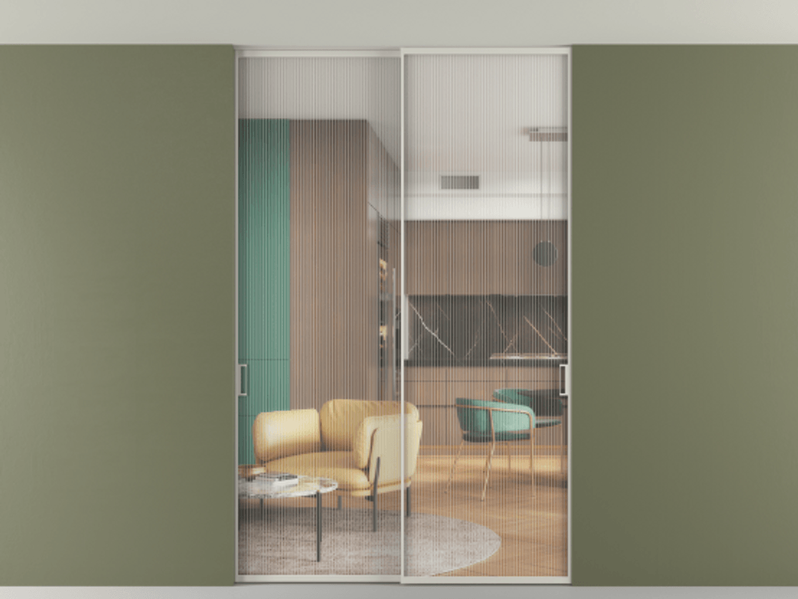 Перегородка Formato внутри проёма скрытое крепление в потолок 2 створки АЛПР 040.01 Алюминий тёплый серый Рифлёное стекло "Moru", триплекс Цена 1620980 ₸ | Volhovec