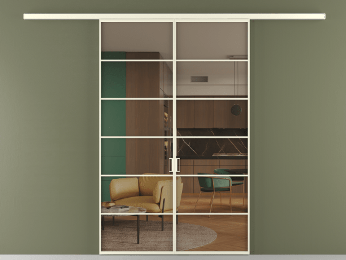 Перегородка Formato вдоль стены двустворчатая АЛПР 040.04 Алюминий молочно-белый Прозрачное бронзовое стекло, триплекс Цена 1344350 ₸ | Volhovec