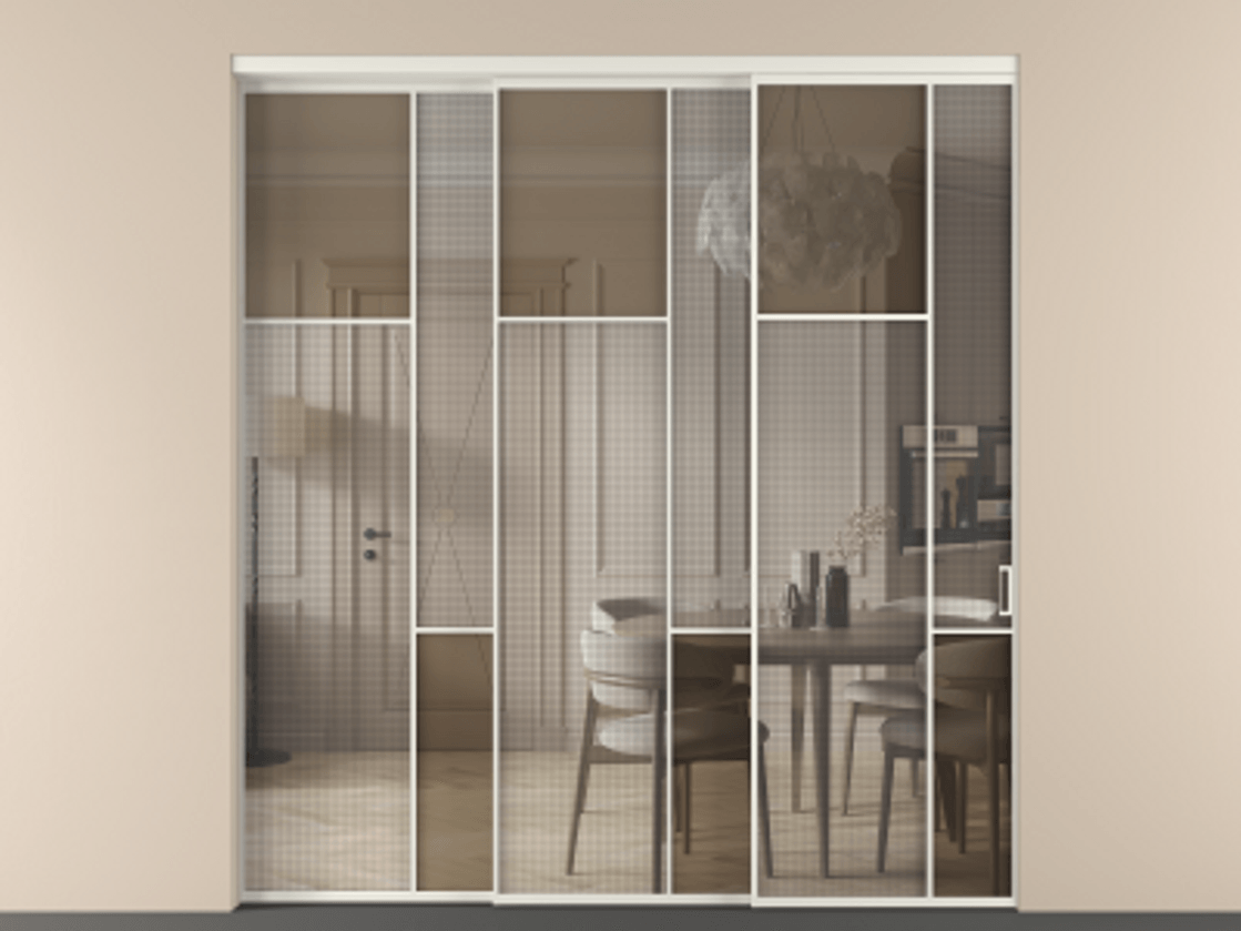 Перегородка Mosaic внутри проема телескопик синхро-3 АЛПР 041.10 Алюминий Белый Mesh silver + Бронза прозрачное триплекс Цена 2521830 ₸ | Volhovec