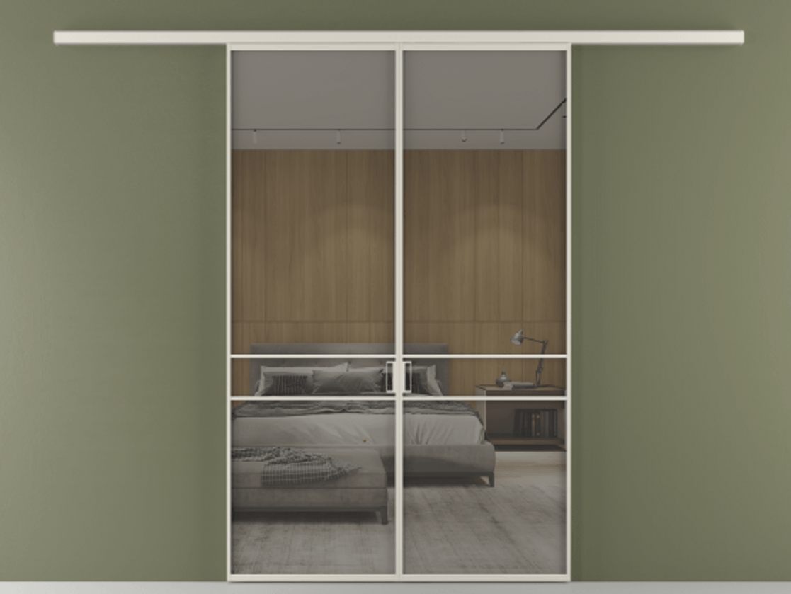 Перегородка Formato вдоль стены 2 створки АЛПР 040.02 Алюминий облачно-серый Рефлективное серое стекло "Stopsol", калёное Цена 1553760 ₸ | Volhovec