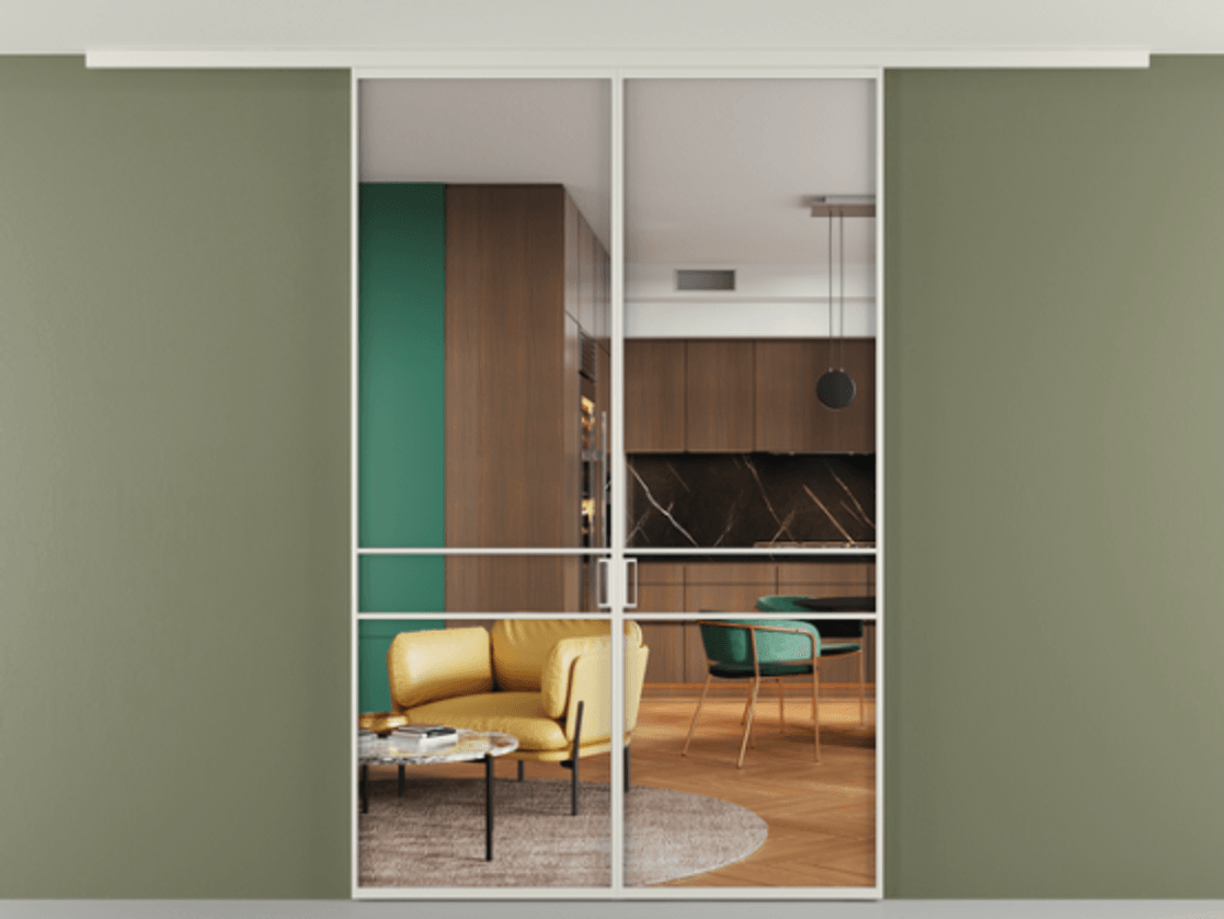 Перегородка Formato вдоль стены на потолок двустворчатая #VENDORCODE# #FURNISH# #GLASS# Цена #PRICE# #CURRENCY# | Volhovec