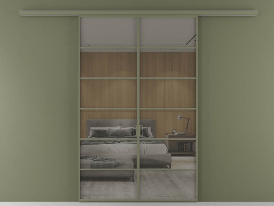 Перегородка Formato вдоль стены 2 створки АЛПР 040.04 Алюминий оливковый тёмный Рефлективное серое стекло "Stopsol", калёное Цена 1651100 ₸ | Volhovec