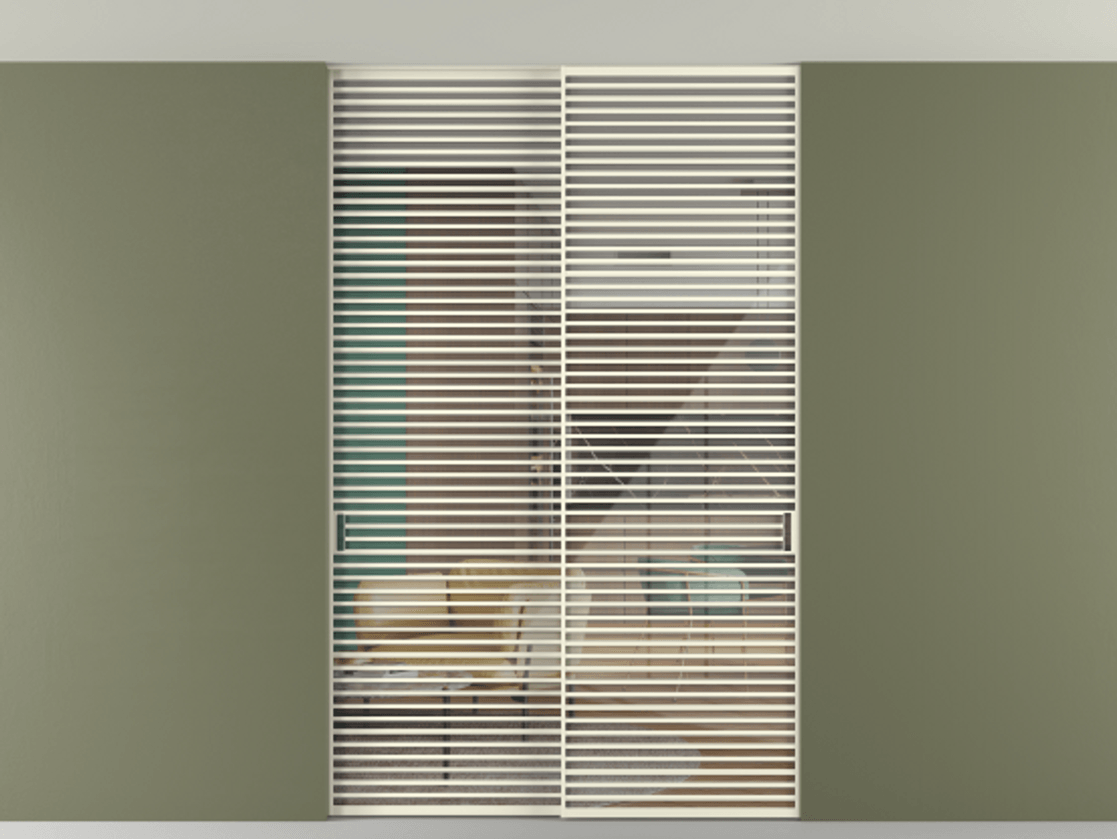 Перегородка Formato внутри проёма скрытое крепление в потолок 2 створки АЛПР 040.07 Алюминий молочно-белый Рефлективное прозрачное стекло "Stopsol", калёное Цена 3251790 ₸ | Volhovec