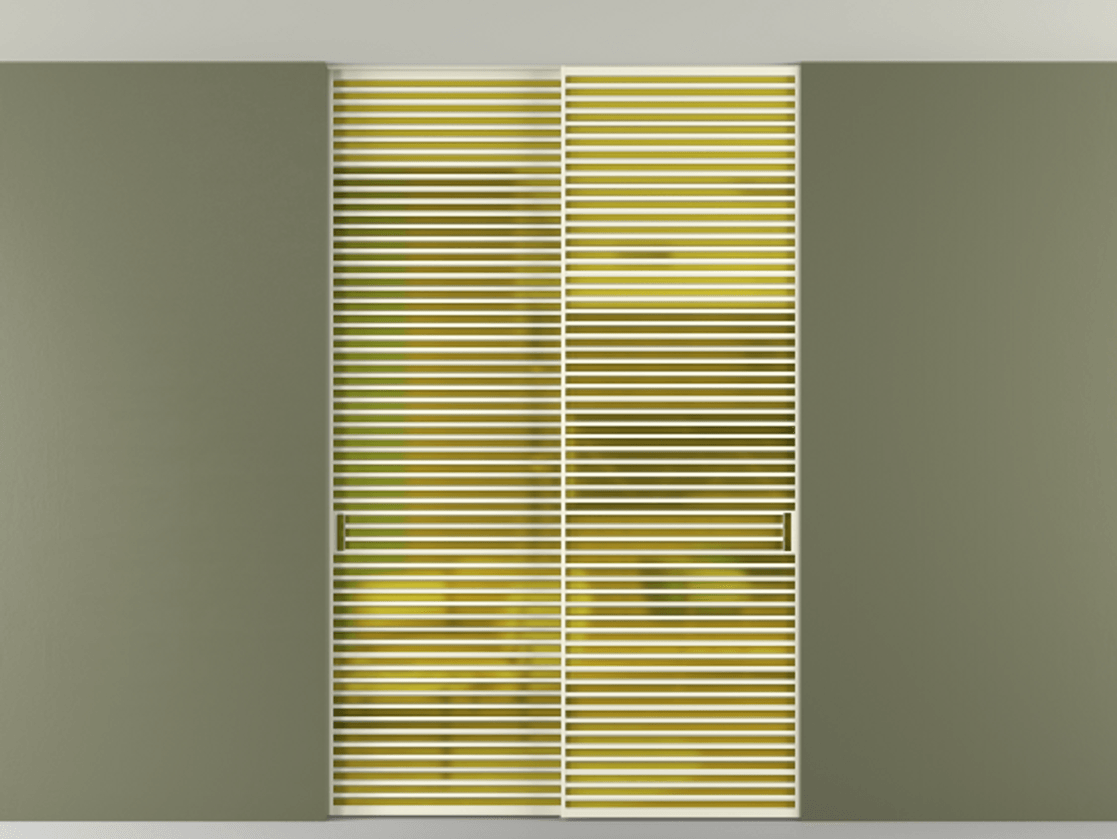 Перегородка Formato внутри проёма скрытое крепление в потолок 2 створки АЛПР 040.07 Алюминий молочно-белый Сатинированное жёлтое стекло, триплекс Цена 2676700 ₸ | Volhovec