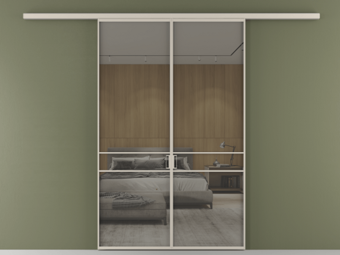 Перегородка Formato вдоль стены двустворчатая АЛПР 040.02 Алюминий светло-бежевый Рефлективное серое стекло "Stopsol", калёное Цена 1553760 ₸ | Volhovec