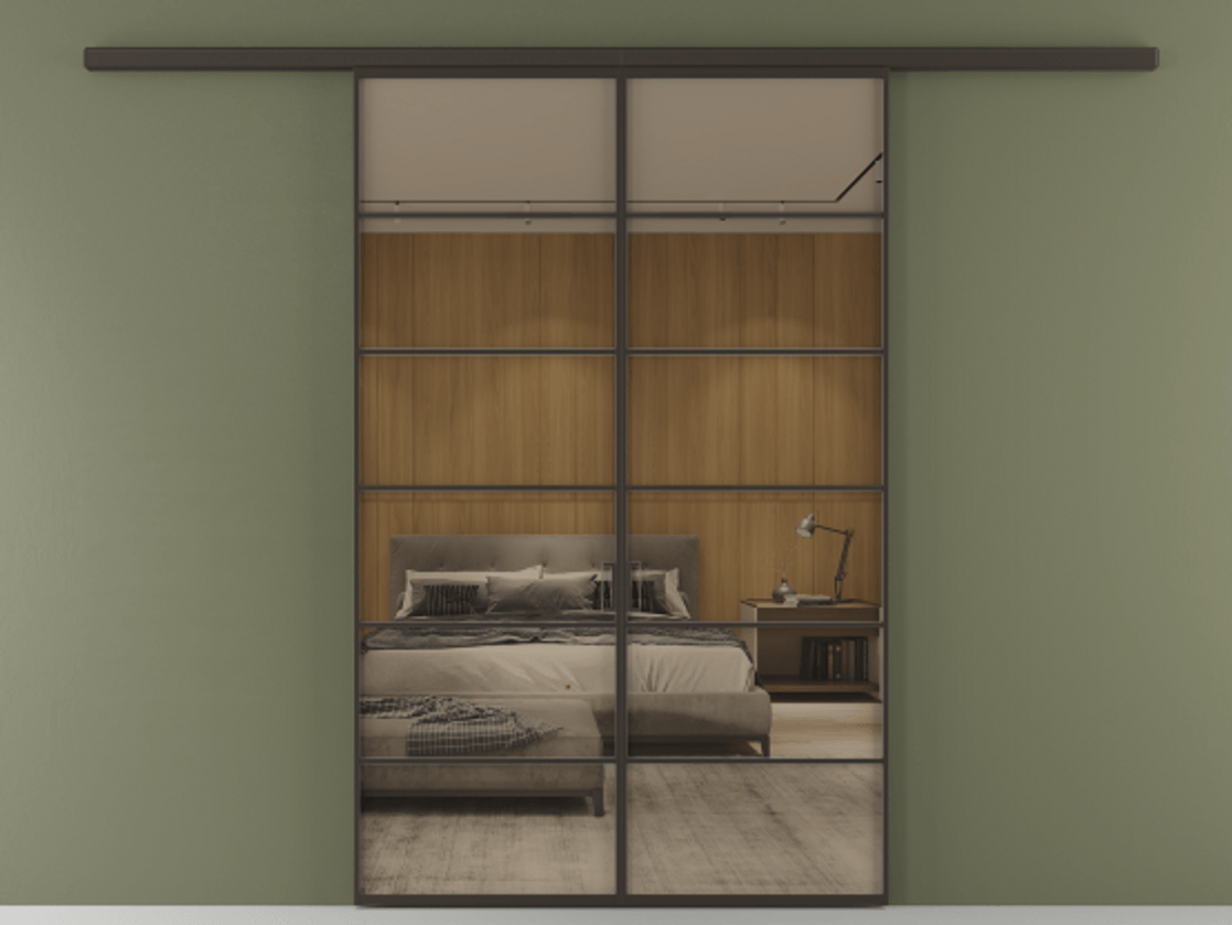 Перегородка Formato вдоль стены 2 створки АЛПР 040.04 Алюминий антрацит Рефлективное бронзовое стекло "Stopsol", калёное Цена 1651100 ₸ | Volhovec