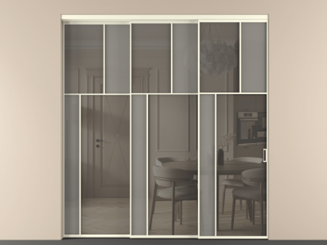 Перегородка Mosaic внутри проёма телескопик синхро 2 АЛПР 041.22 Алюминий молочно-белый Сатинированное серое стекло, триплекс, 6 мм + Прозрачное серое стекло, триплекс Цена 2729310 ₸ | Volhovec