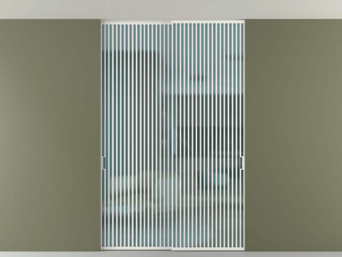 Перегородка Formato внутри проёма скрытое крепление в потолок 2 створки АЛПР 040.06 Алюминий светло-серый Сатинированное голубое стекло, триплекс Цена 2676700 ₸ | Volhovec