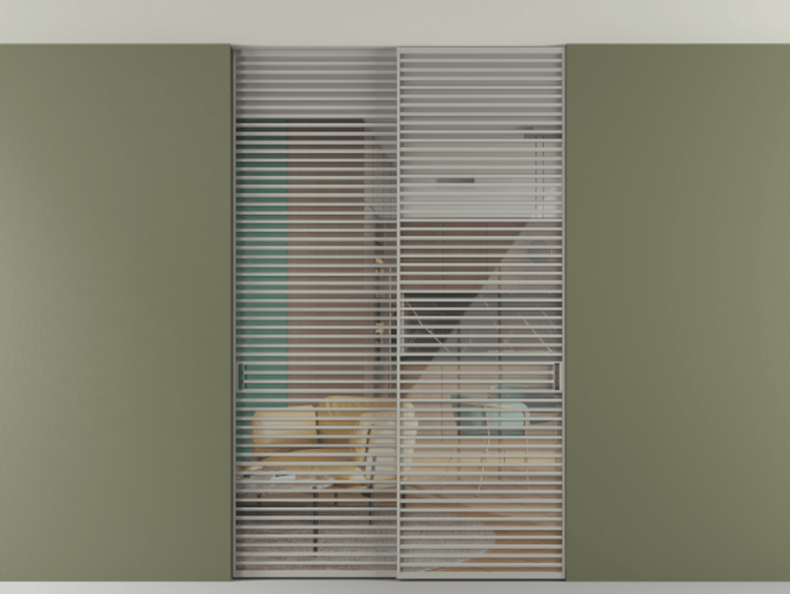 Перегородка Formato внутри проёма скрытое крепление в потолок 2 створки АЛПР 040.07 Алюминий нейтральный серый Рефлективное прозрачное стекло "Stopsol", калёное Цена 3251790 ₸ | Volhovec