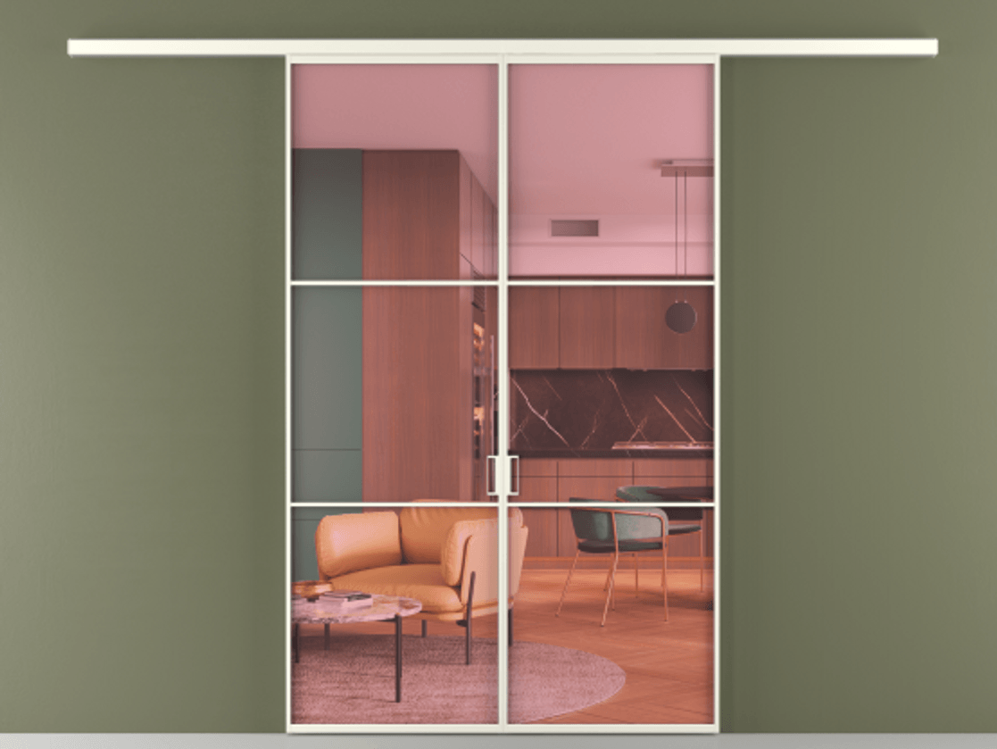 Перегородка Formato вдоль стены 2 створки АЛПР 040.03 Алюминий жемчужный Прозрачное розовое стекло, триплекс Цена 1453900 ₸ | Volhovec