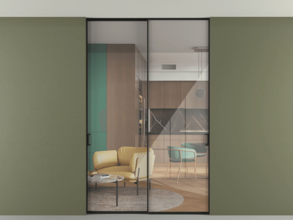 Перегородка Formato внутри проёма скрытое крепление в потолок 2 створки АЛПР 040.01 Алюминий Черный Рефлективное прозрачное стекло "Stopsol", калёное Цена 1785640 ₸ | Volhovec