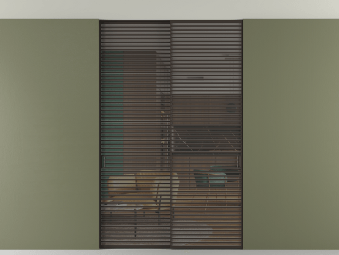 Перегородка Formato внутри проёма скрытое крепление в потолок 2 створки АЛПР 040.07 Алюминий антрацит Прозрачное серое стекло, триплекс Цена 2676690 ₸ | Volhovec