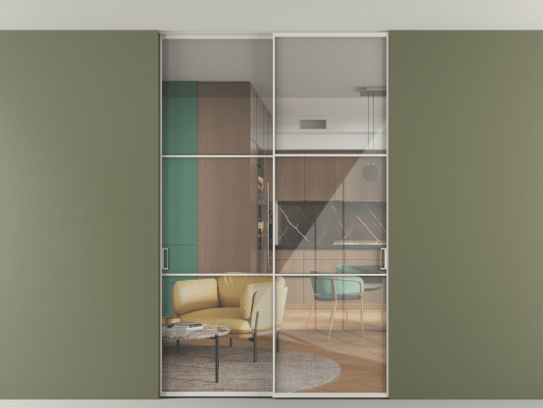 Перегородка Formato внутри проёма скрытое крепление в потолок 2 створки АЛПР 040.03 Алюминий облачно-серый Рефлективное прозрачное стекло "Stopsol", калёное Цена 1906440 ₸ | Volhovec