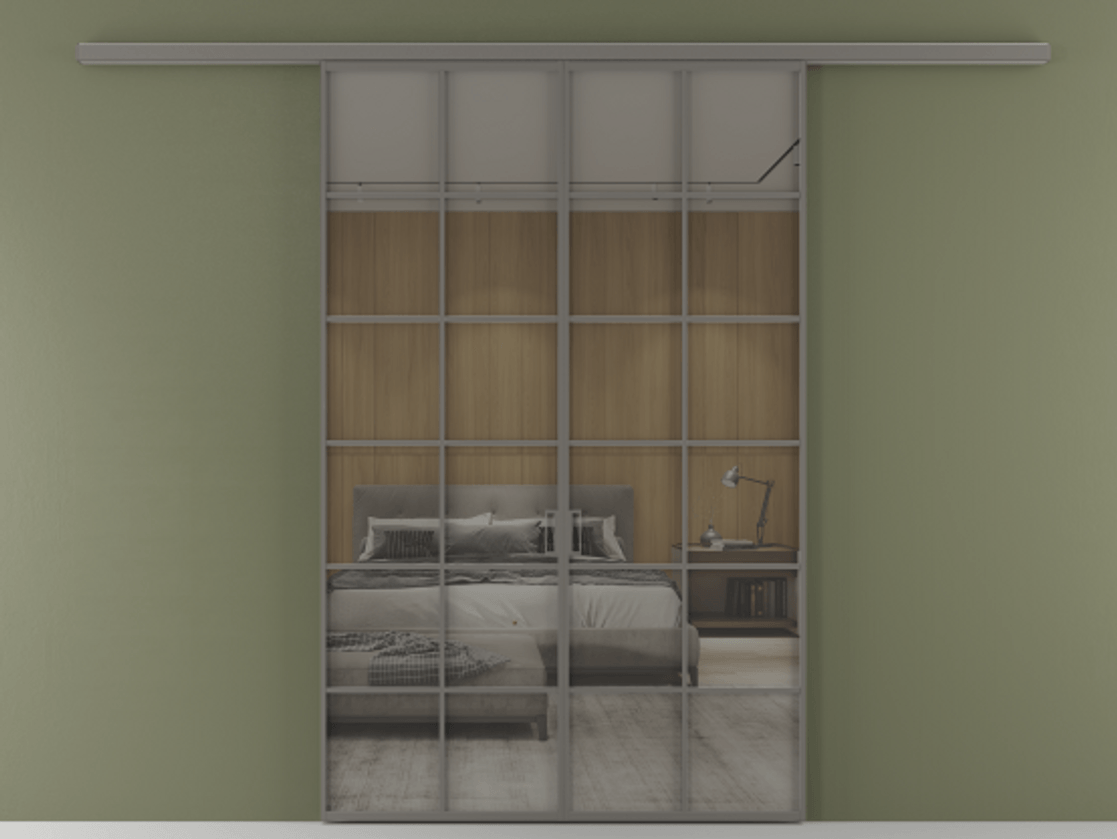 Перегородка Formato вдоль стены 2 створки АЛПР 040.05 Алюминий классический серый Рефлективное серое стекло "Stopsol", калёное Цена 1651100 ₸ | Volhovec